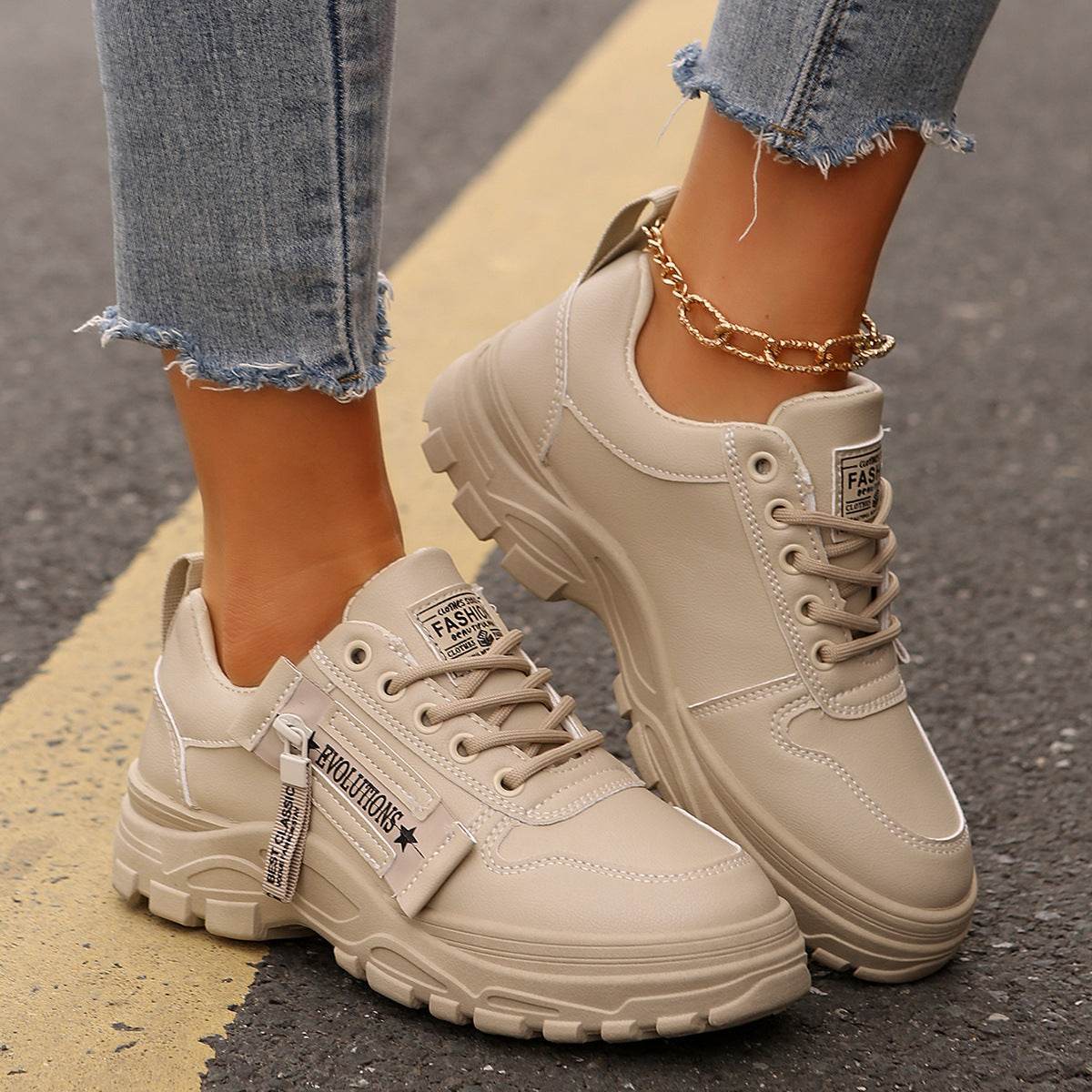 Lace-up Sports Shoes With Side-Zipper Design Fashion Thick-soled Round-toe Casual Shoes For Women Sneakers - ProTrendyz