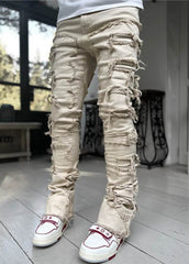 Men Trousers Individual Patched Pants Long Tight Fit Stacked Jeans For Mens Clothing - ProTrendyz