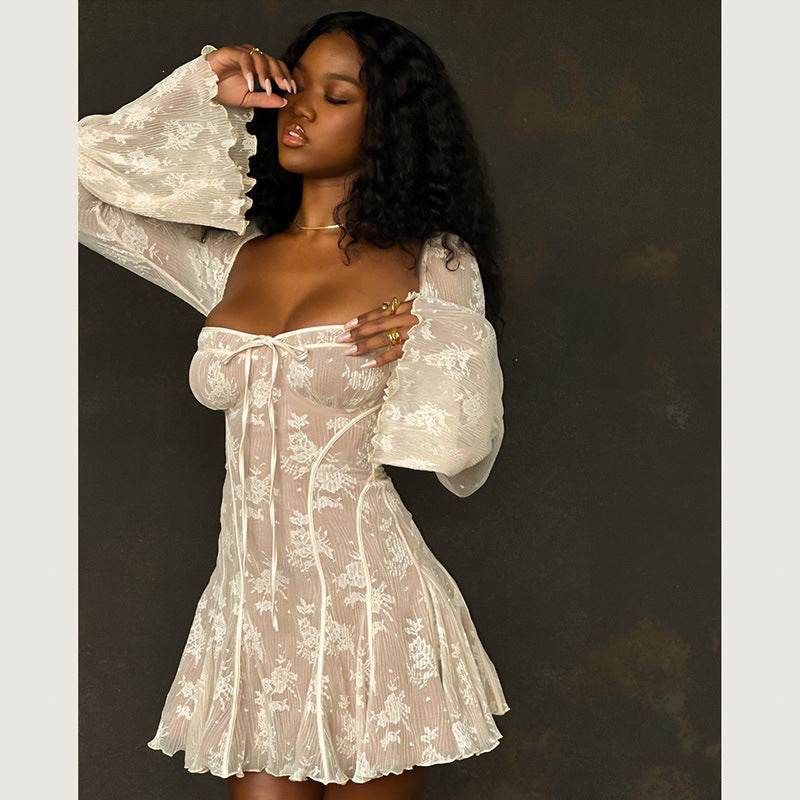 Lace Square Collar Dress Bell-bottom Long Sleeve Tied A- Line Dresses Womens Clothing - ProTrendyz