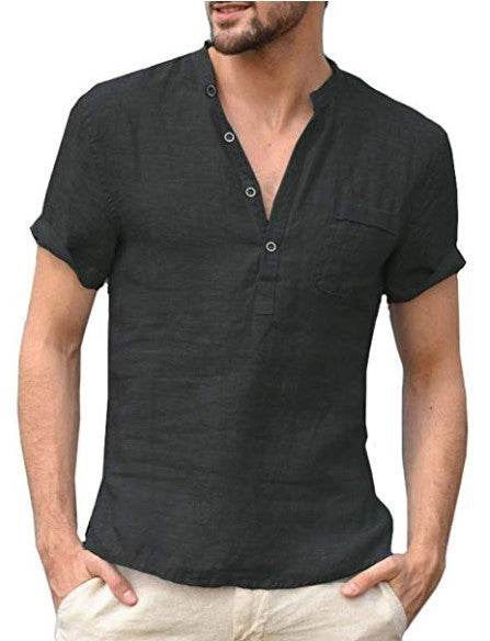 Casual Linen Solid Color Shirt Button V Neck Beach Shirt Men Summer Tops - ProTrendyz