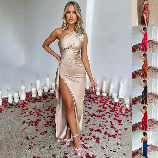 Sexy One-shoulder Backless Slit Dress Summer Elegant Slim-fit Solid Color Satin Dresses For Women - ProTrendyz