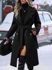 Lapel Double-breasted Trench Coat With Belt Winter Fashion Solid Color Long Jacket Outwear Women Clothing - ProTrendyz
