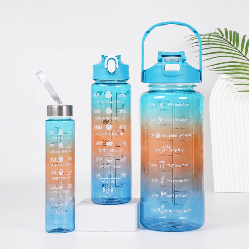 3-in-1 Gradient Color Motivational Water Bottles Set Plastic Straw Double Drink Translucent Outdoor Sports Bottle - ProTrendyz