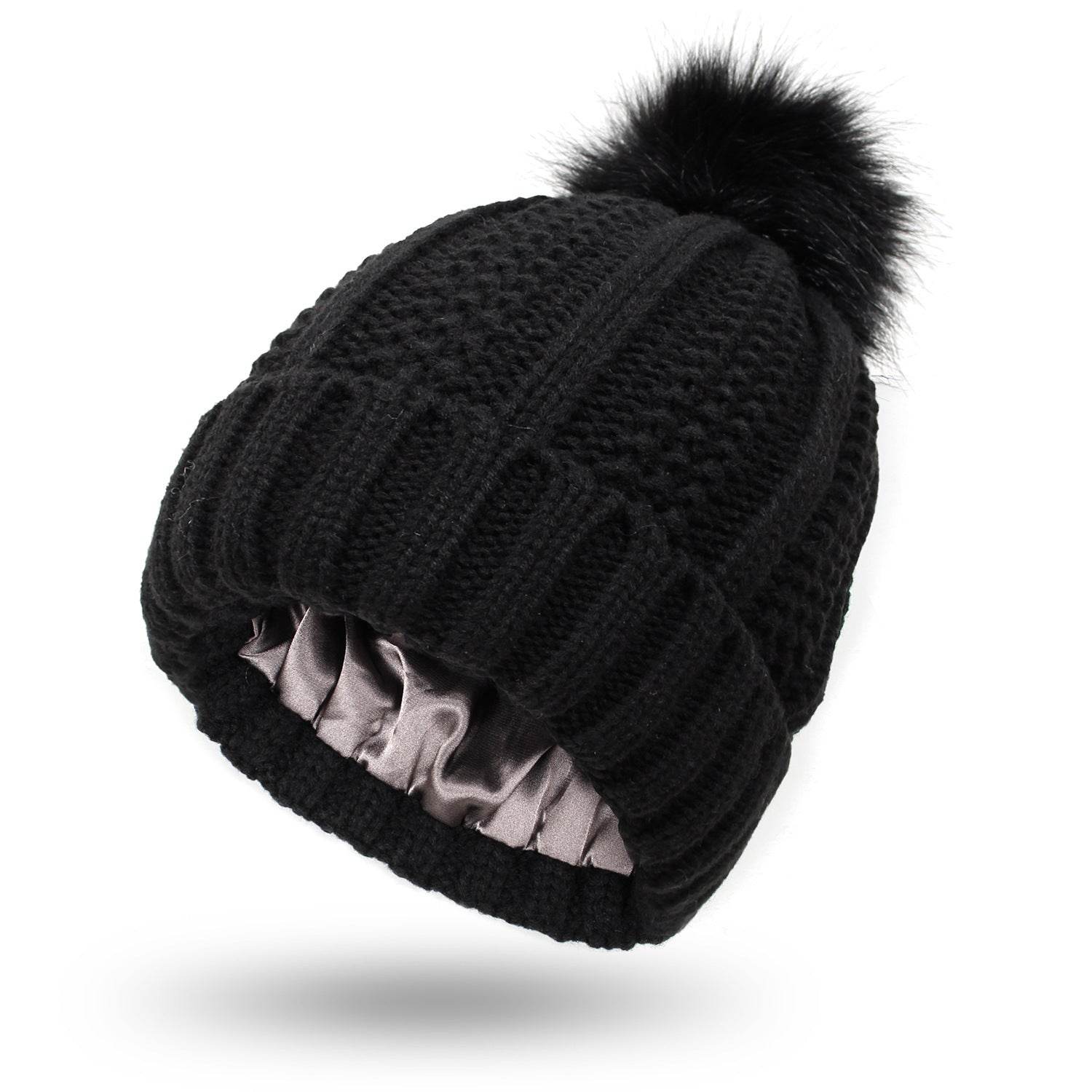 Fashion Stretchy Satin Lined Skull Knit Hats Beanie Hat For Women Faux Fur Pom Pom Hat Winter Keep Warming Beanie Hat - ProTrendyz
