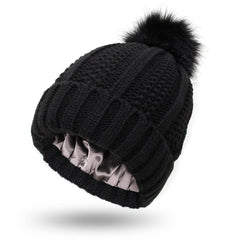 Fashion Stretchy Satin Lined Skull Knit Hats Beanie Hat For Women Faux Fur Pom Pom Hat Winter Keep Warming Beanie Hat - ProTrendyz