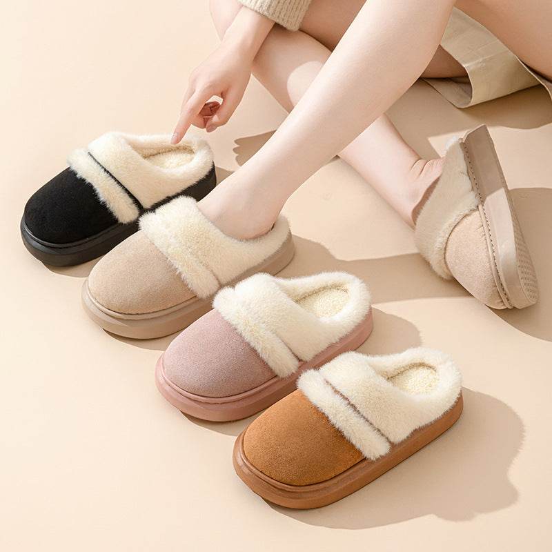 Fashion Warm Cotton Slippers For Women Leisure Thick Bottom Non-slip Plus-velvet House Shoes Winter Bedroom Floor Suede Slipper - ProTrendyz