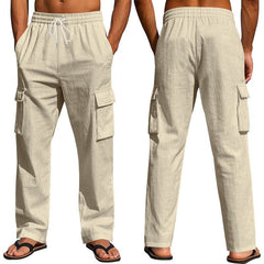 Men's Workwear Multi-pocket Straight Linen Pants Linen Four Seasons Thin Breathable Cargo Pants, Multi-pocket Loose Casual Trendy Wide-leg Pants - ProTrendyz