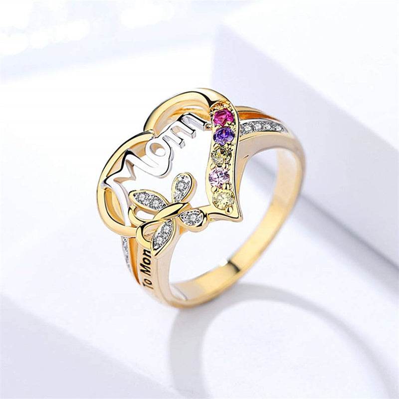 Mother's Day Gift Hollow Heart English Letter Love Mom Rhinestone Butterfly Finger Ring Jewelry Gift - ProTrendyz