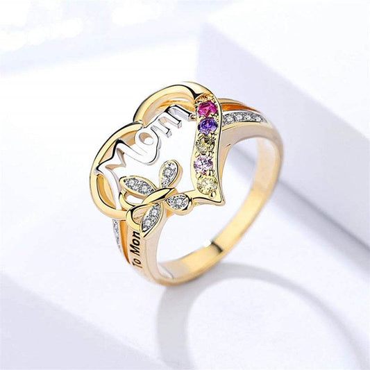 Mother's Day Gift Hollow Heart English Letter Love Mom Rhinestone Butterfly Finger Ring Jewelry Gift - ProTrendyz