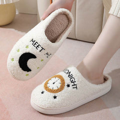 Fashion Moon And Clock Print Home Slippers Winter Warm Floor Bedroom House Shoes For Women - ProTrendyz
