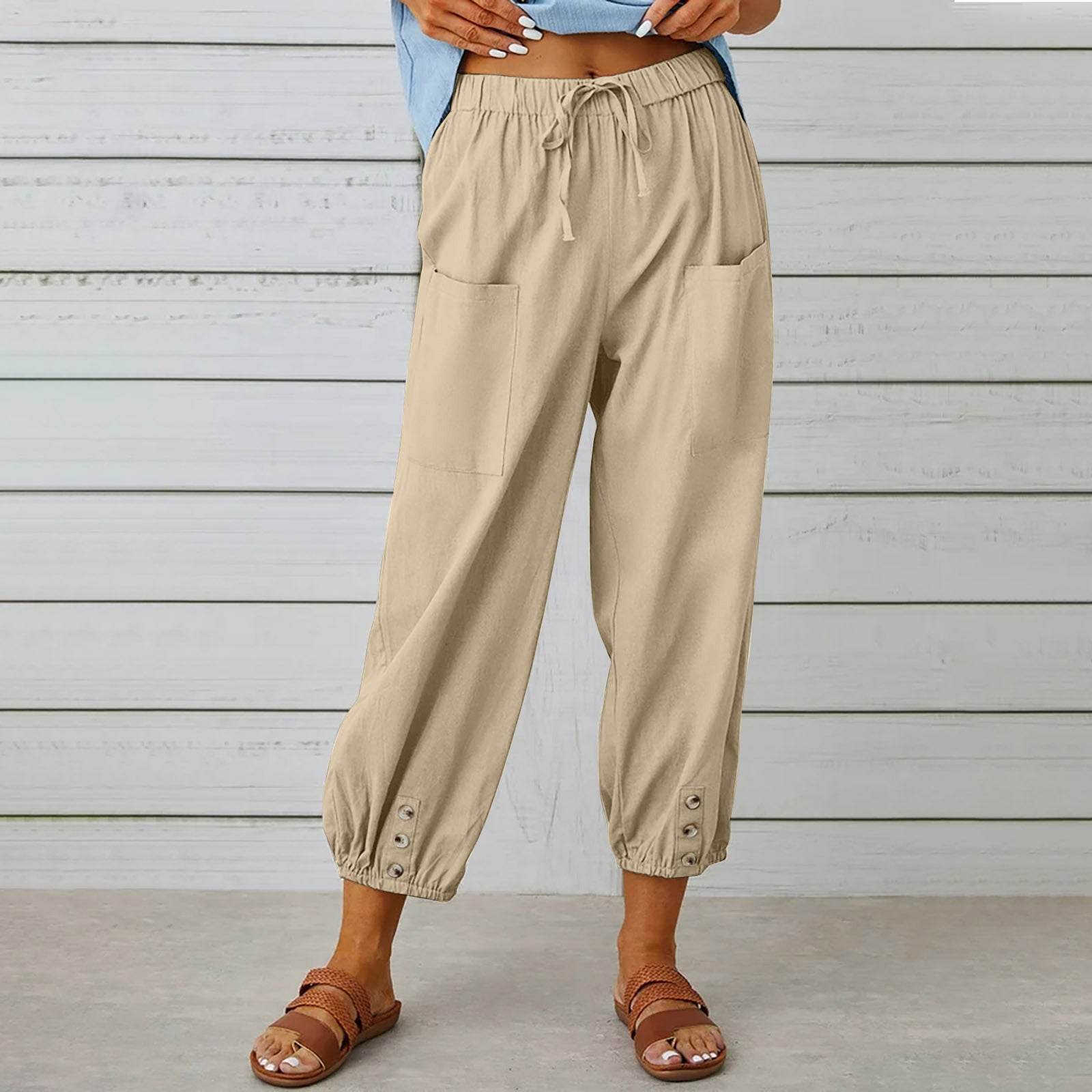 Women Drawstring Tie Pants Spring Summer Cotton And Linen Trousers With Pockets Button - ProTrendyz