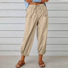 Women Drawstring Tie Pants Spring Summer Cotton And Linen Trousers With Pockets Button - ProTrendyz