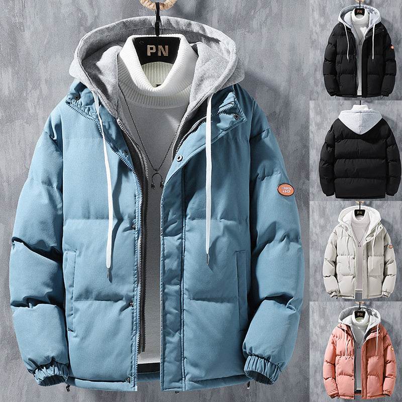 Fashion Hooded Jacket Men Winter Windproof Thickened Fake Two-piece Coat Solid Leisure Sports Cotton Jacket - ProTrendyz