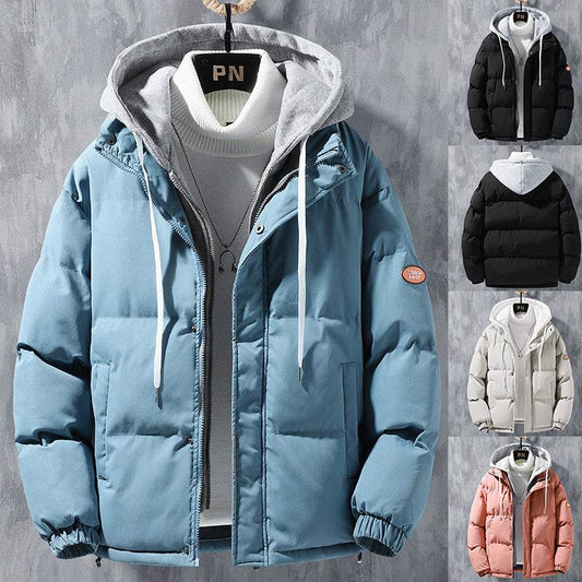 Fashion Hooded Jacket Men Winter Windproof Thickened Fake Two-piece Coat Solid Leisure Sports Cotton Jacket - ProTrendyz