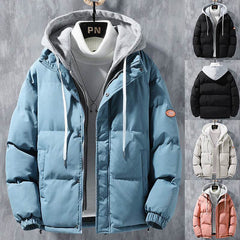 Fashion Hooded Jacket Men Winter Windproof Thickened Fake Two-piece Coat Solid Leisure Sports Cotton Jacket - ProTrendyz