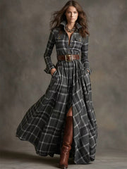 Ins Plaid Print Long-Sleeved Dress Fashion Pockets Collared Buttons Shirt Long Dresses Retro Women's Clothing