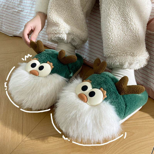 Cute Cartoon Christmas Deer Cotton Shoes Winter Indoor Floor Home Slippers Half-covered Heel Warm Plush Shoes Women - ProTrendyz