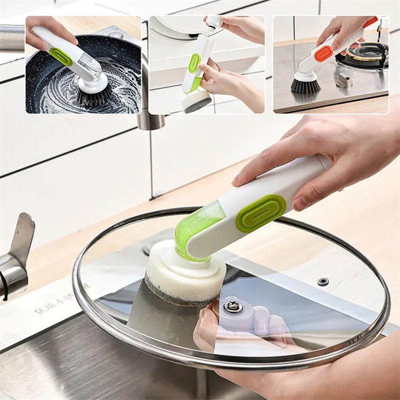 Multi-Functional Long-Handle Liquid-Filled Cleaning Brush Washing Up Brushes With Liquid Dispenser Two Replacement Heads For Kitchen Cleaning Brush Gadgets - ProTrendyz