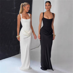 Womens Elegant Solid-Color Slim-Fit Waist-Cinching Backless Slip Dress