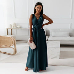 V-neck Sleeveless Dress With Belt Summer Fashion Party Club Evening Maxi Dresses For Women Clothing