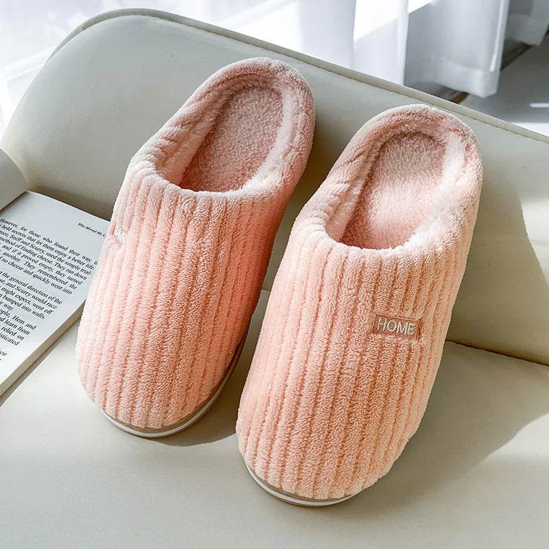 Solid Color Simple Cotton Slippers Winter Non-slip Home Warm Plush Slippers Household Indoor Couple Women's House Shoes - ProTrendyz