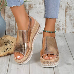 Summer Shiny Sandals Hollow Design Fish Mouth Sandal For Women Fashion Buckle Wedges Shoes - ProTrendyz