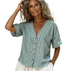 Loose-fit Faux Linen Embroidered Button-up Top