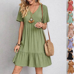 V-neck Short Sleeve Dress Summer Fashion Casual Loose Ruffled Dresses Beach Clothing Women - ProTrendyz