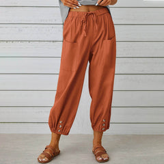Women Drawstring Tie Pants Spring Summer Cotton And Linen Trousers With Pockets Button - ProTrendyz