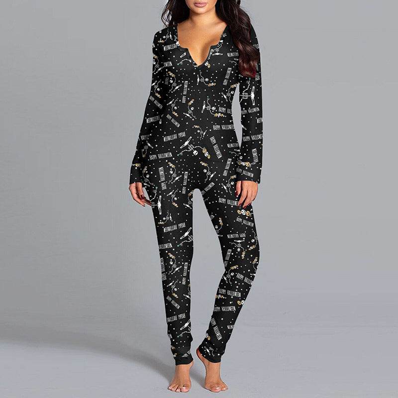 Halloween Printed Jumpsuit Long Sleeve Home Pajamas Casual Trousers Women's Cos Clothing - ProTrendyz