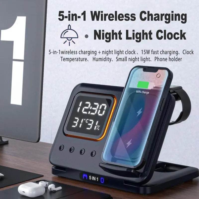 15W Wireless Chargers Stand 5 In1 LED Digital Alarm Clock Fast Charging Dock Station - ProTrendyz