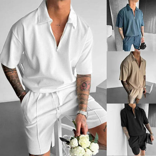 Summer Fashion Mens Clothing Men's Suits New Zipper Polo Casual Short Sleeve Drawstring Shorts Men's Set - ProTrendyz