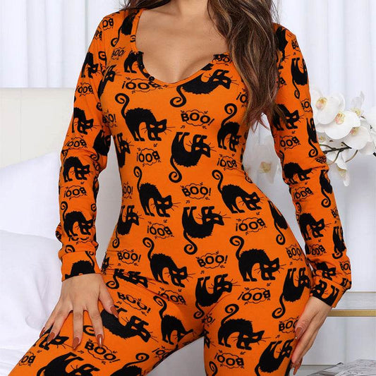 Halloween Printed Jumpsuit Long Sleeve Home Pajamas Casual Trousers Women's Cos Clothing - ProTrendyz
