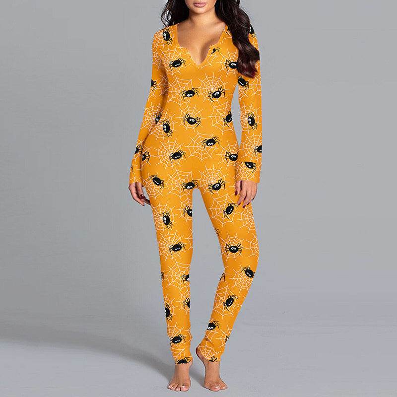 Halloween Printed Jumpsuit Long Sleeve Home Pajamas Casual Trousers Women's Cos Clothing - ProTrendyz