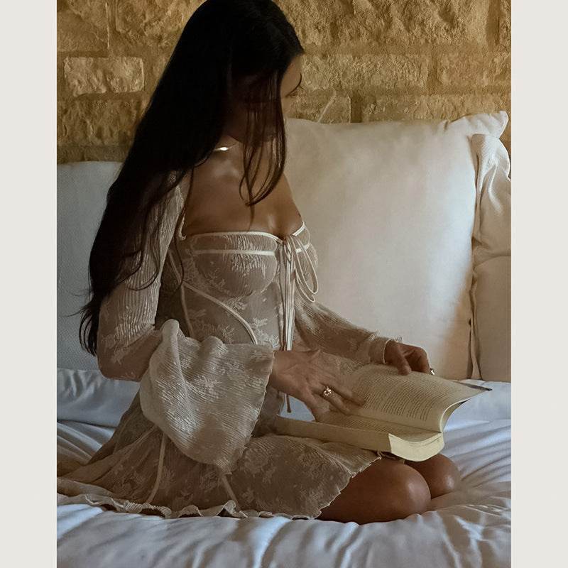 Lace Square Collar Dress Bell-bottom Long Sleeve Tied A- Line Dresses Womens Clothing - ProTrendyz