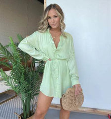 Women's Long Sleeve Jumpsuit With Button Fashion Shirt Dress - ProTrendyz