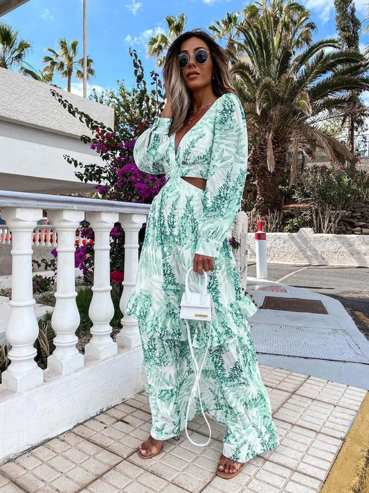 Elegant Women's Hollow Floor V-neck Long-sleeved Plant Dress Long Dresses Spring Summer Print V-neck Long Sleeve Dress - ProTrendyz