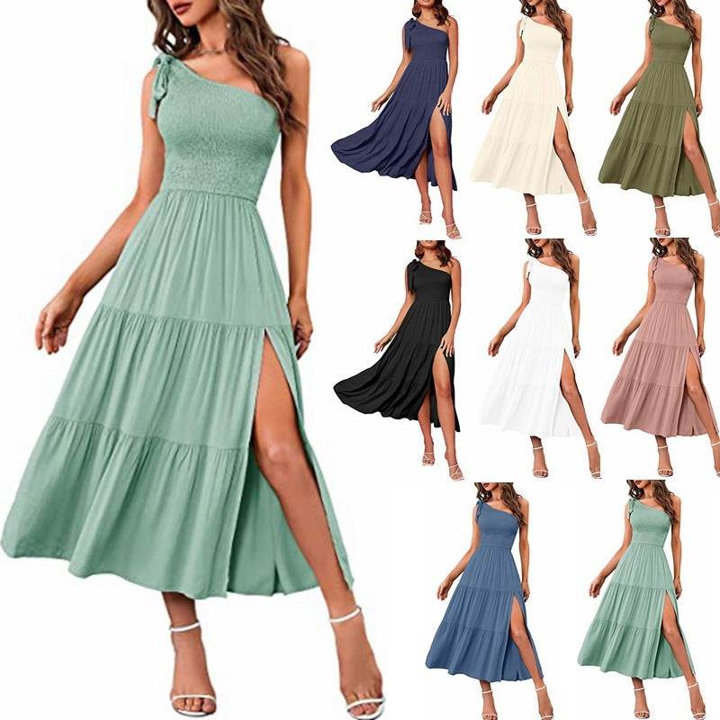 New Summer Fashion Women's One-shoulder Pleated Layered Hem Split Dress - ProTrendyz