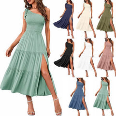 New Summer Fashion Women's One-shoulder Pleated Layered Hem Split Dress - ProTrendyz