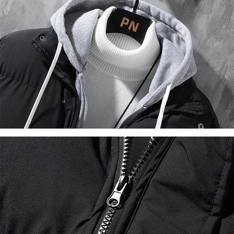 Fashion Hooded Jacket Men Winter Windproof Thickened Fake Two-piece Coat Solid Leisure Sports Cotton Jacket - ProTrendyz