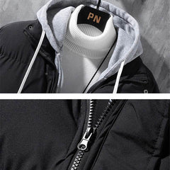 Fashion Hooded Jacket Men Winter Windproof Thickened Fake Two-piece Coat Solid Leisure Sports Cotton Jacket - ProTrendyz