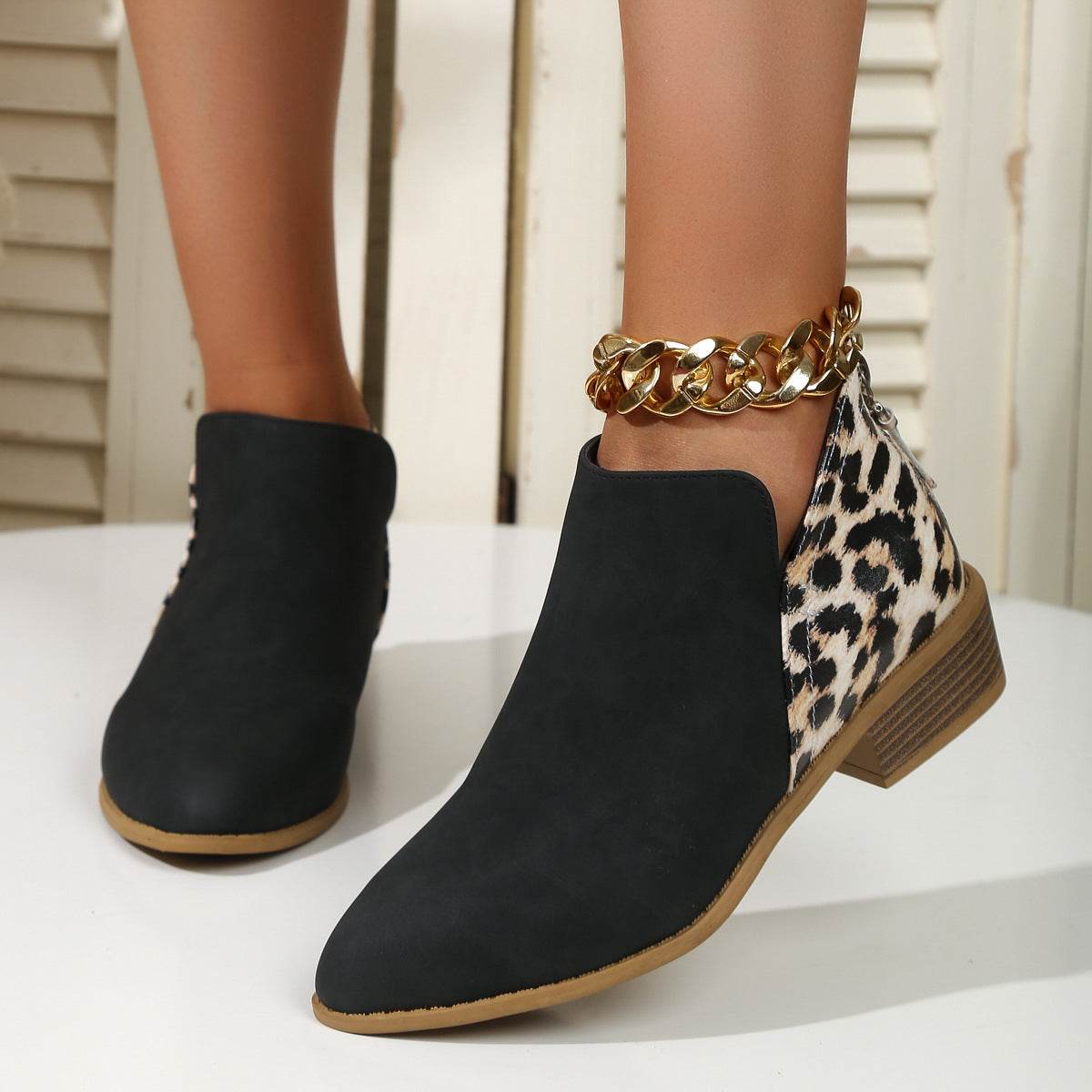 Fashion Leopard Print Boots Women Pointed Toe Chunky Heel Back Zipper Shoes - ProTrendyz