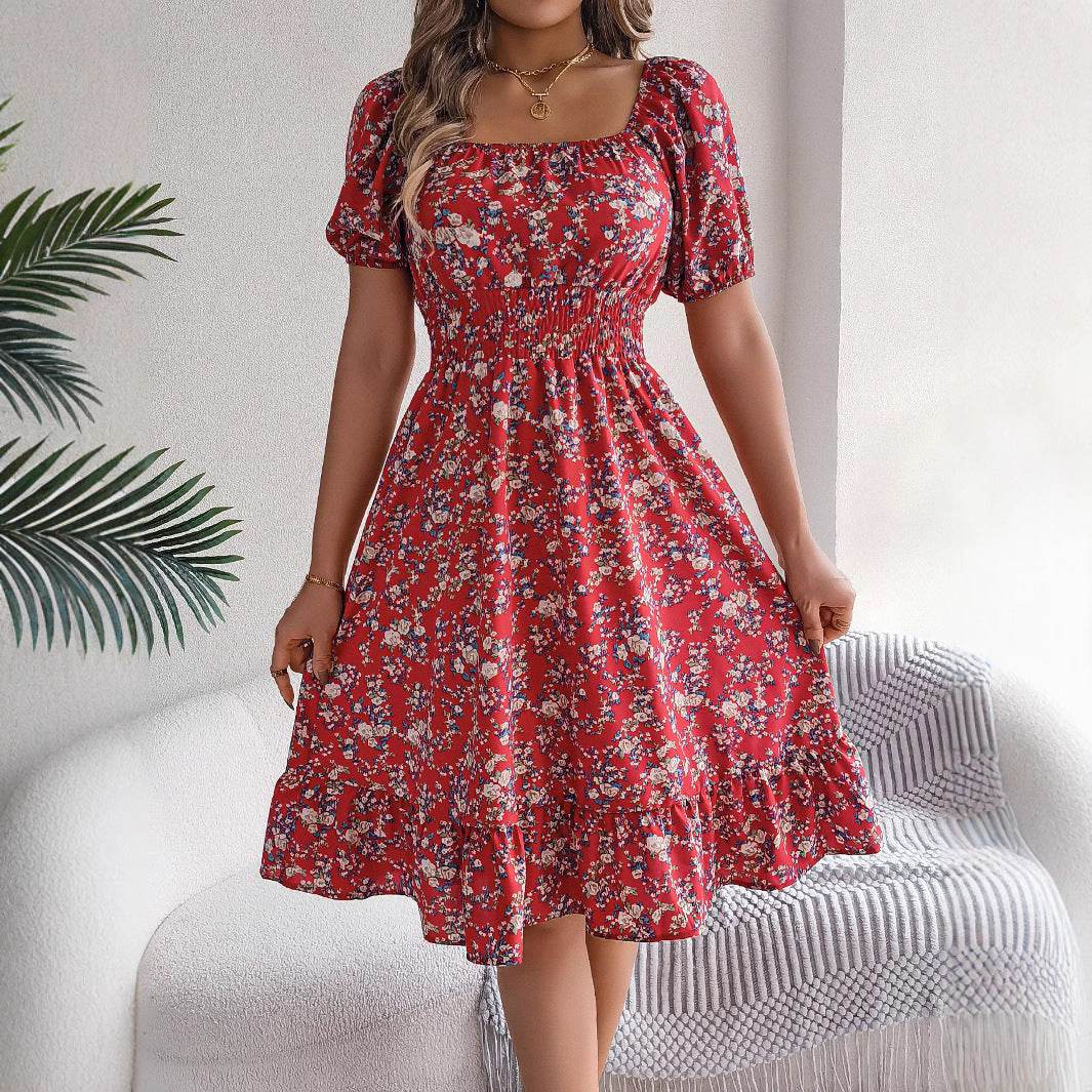 Floral Print Square Collar Dress Summer Fashion Ruffles Dresses Women's Clothing - ProTrendyz