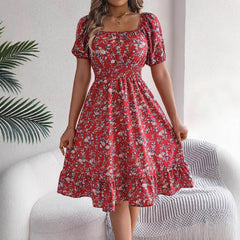 Floral Print Square Collar Dress Summer Fashion Ruffles Dresses Women's Clothing - ProTrendyz