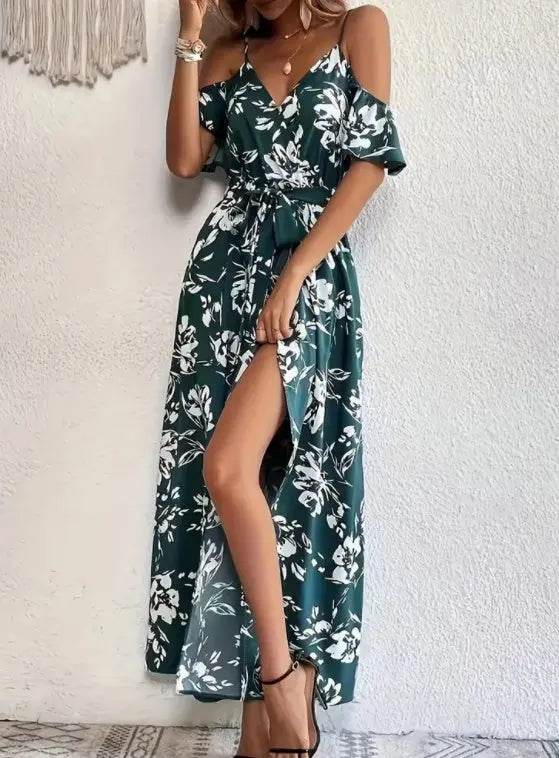 Flower Print Split Suspender Dress With Lace-up Design Summer Fashion Long Dresses Beach Clothing For Women - ProTrendyz