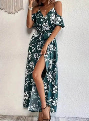 Flower Print Split Suspender Dress With Lace-up Design Summer Fashion Long Dresses Beach Clothing For Women - ProTrendyz