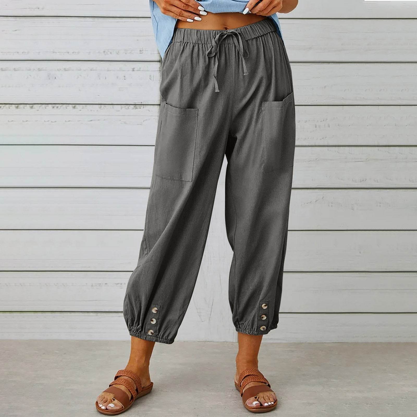 Women Drawstring Tie Pants Spring Summer Cotton And Linen Trousers With Pockets Button - ProTrendyz