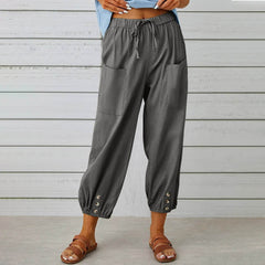 Women Drawstring Tie Pants Spring Summer Cotton And Linen Trousers With Pockets Button - ProTrendyz