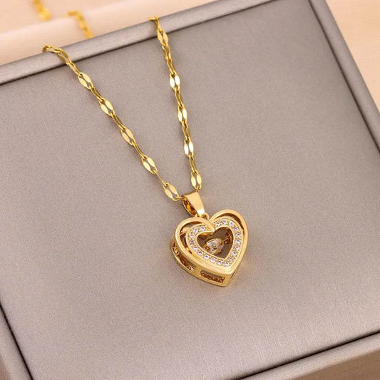 Double-layer Love Necklace With Rhinestones Titanium Steel Pendant Fashion Jewelry Woman Valentines Day Gift US - ProTrendyz