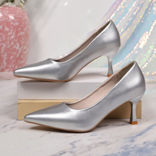 Women's Plus Size Silver Pointed Toe High Heels, Spring New Arrival Thin Heel Patent Leather Pumps, Professional & Wedding Party Shoes
